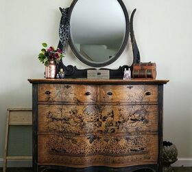 21 ways to redo that old dresser you can t stand looking at anymore, Use a antique transfer for an eclectic makeover