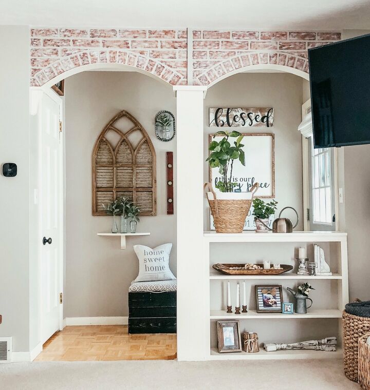 21 of our favorite feature accent gallery walls you can try today, This faux brick arches add a gorgeous accent wall to any space