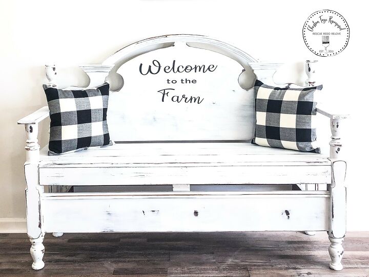 s 21 farmhouse accents to add to your home, This rescued headboard turned farmhouse bench is just gorgeous