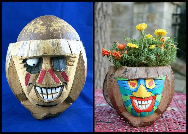tiki planter made from a coconut bank