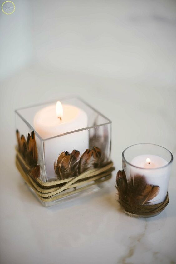 25 gorgeous ways to let everyone know that it s finally september, Easy boho feather candle decor