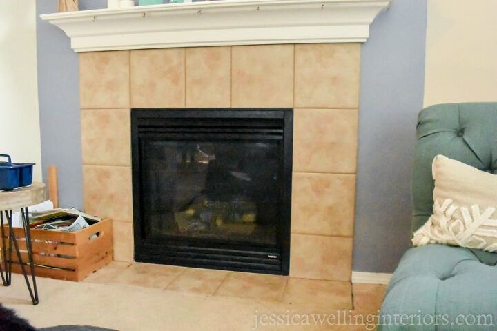 diy faux cement tile fireplace makeover
