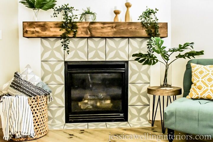 diy faux cement tile fireplace makeover