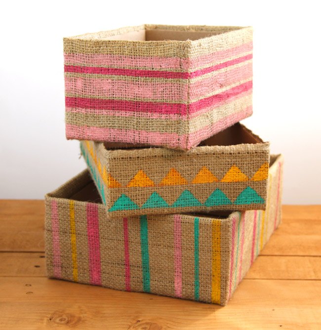 s 8 ways to turn cardboard boxes into beautiful storage for your home, Make them beautiful with burlap and paint