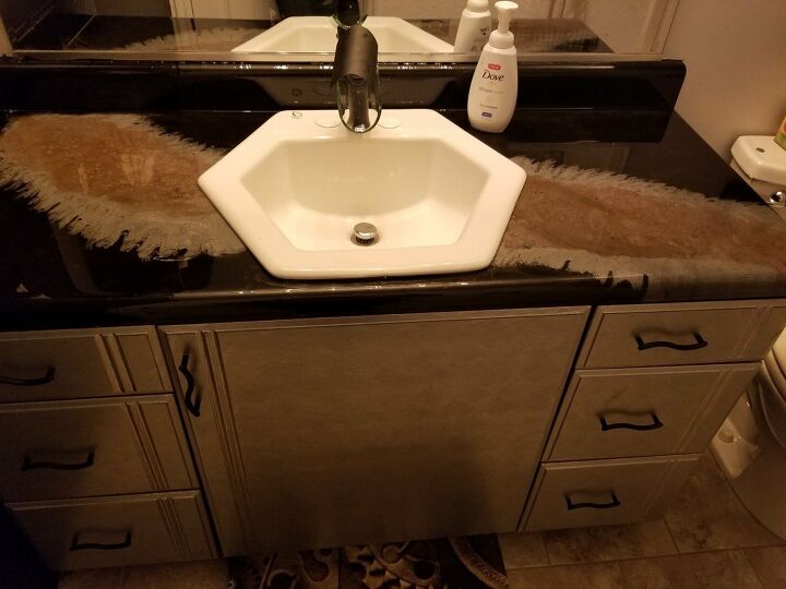 bold ideas for a bathroom countertop that brings the room together, Unique Epoxy Pattern on Laminate Countertop