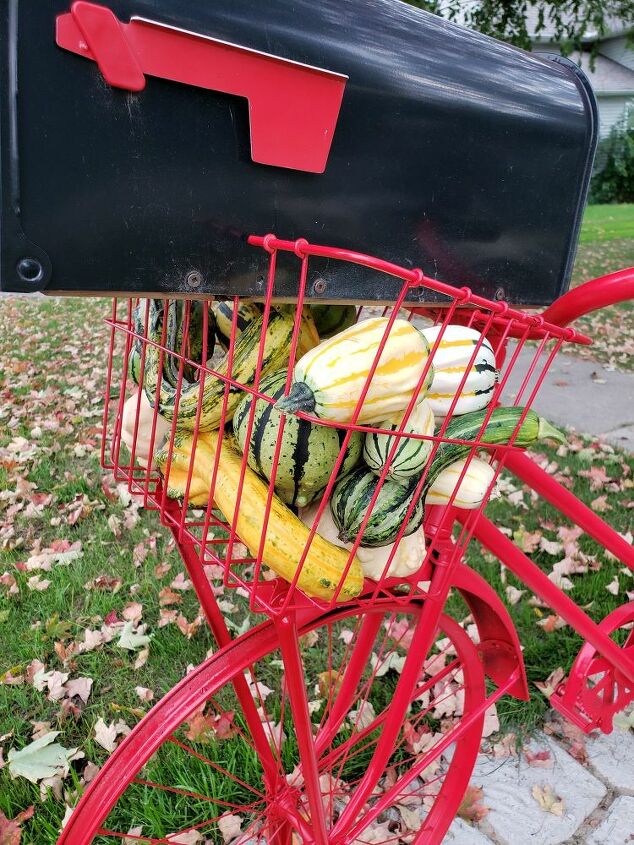 how we made a simple diy walkway for our cute bicycle mailbox, Seasonal fall decor in the bike basket
