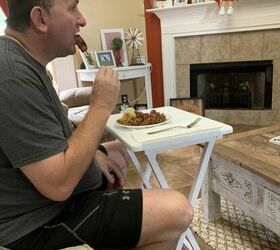 thrift store tv trays makeover, The Hubs Enjoying TV Tray