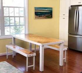 modern pieced wood kitchen table benches