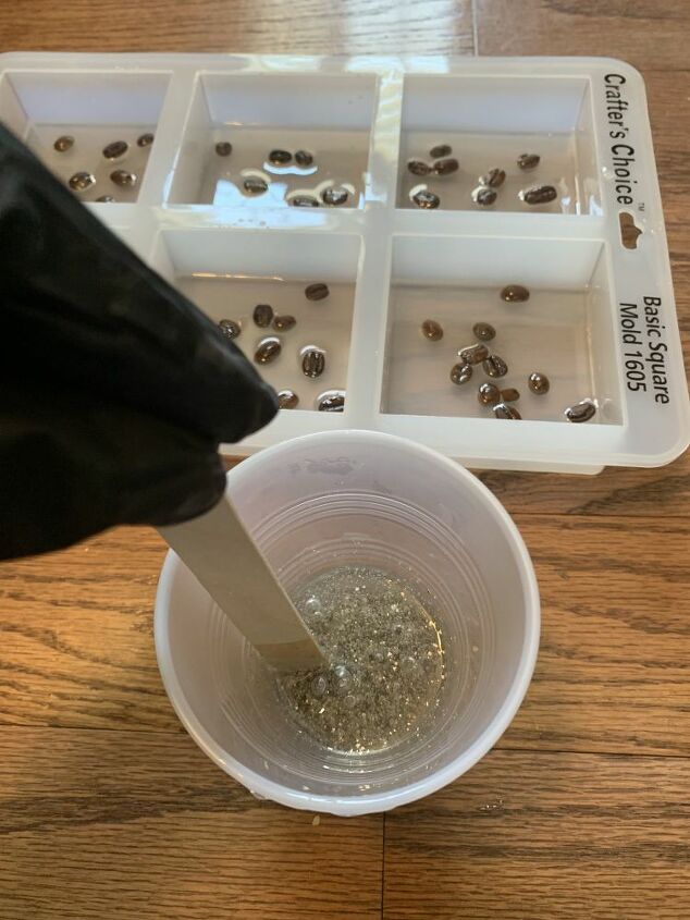 how to make coffee bean coasters, stirring in crushed glass glitter