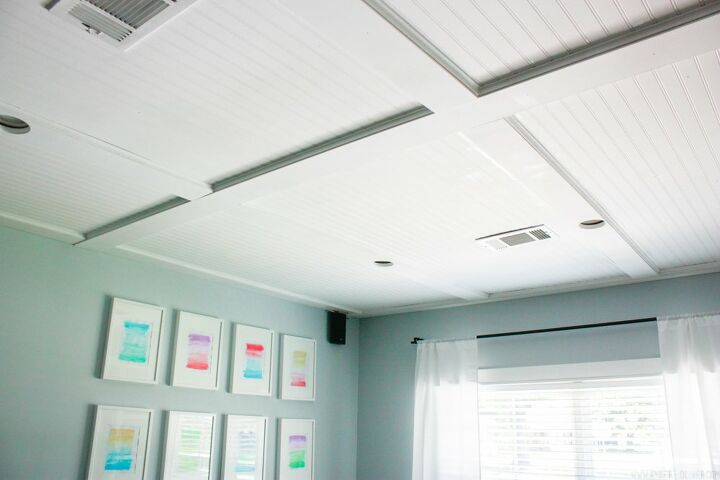 17 innovative ways to brighten up your home with ceiling tiles, 16 Beadboard Tiles for a Faux Coffered Ceiling