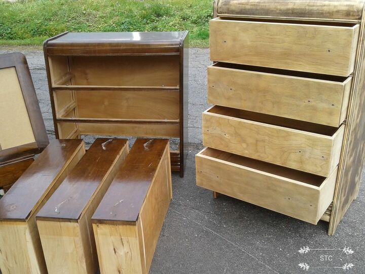 antique dresser set makeover the wood, Handles Removed Sanding Started