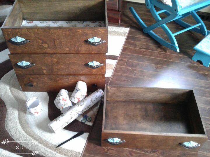 antique waterfall dressers hardware makeover, Fitting and Cutting Drawer Liners