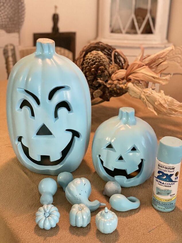 faux pumpkins turned blue