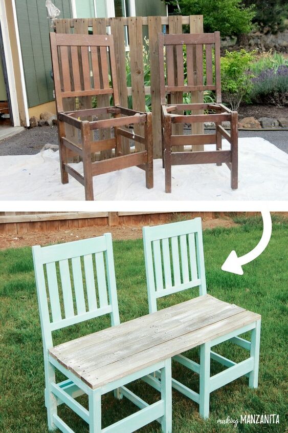 19 ideias diy incrveis para o banco ao ar livre perfeito, Cadeiras recicladas transformadas em um banco de jardim colorido