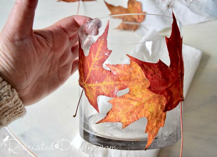use real leaves to make a beautiful fall candle holder