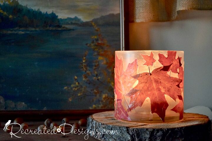 use real leaves to make a beautiful fall candle holder
