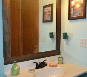 create a framed bathroom mirror that youll want to keep looking at, 13 Wood Framed Bathroom Mirror Stuck with Velcro