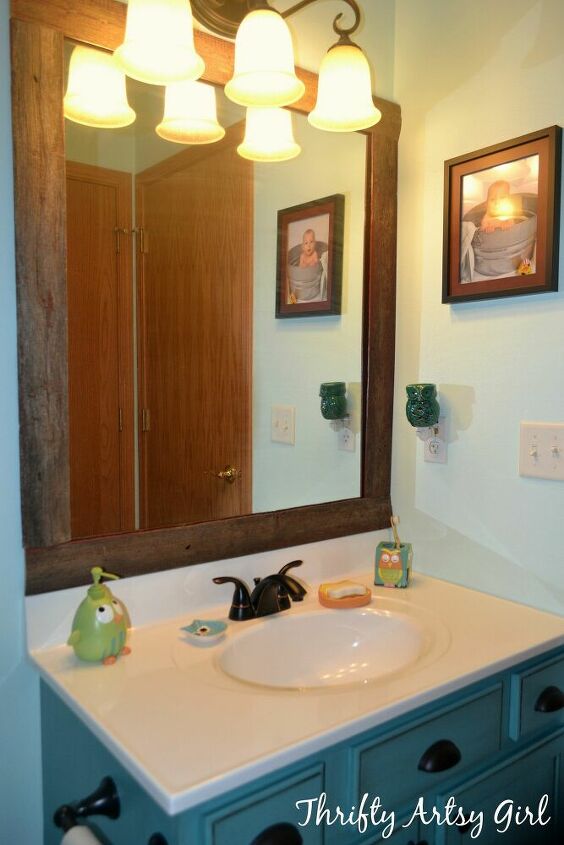 create a framed bathroom mirror that youll want to keep looking at, 13 Wood Framed Bathroom Mirror Stuck with Velcro