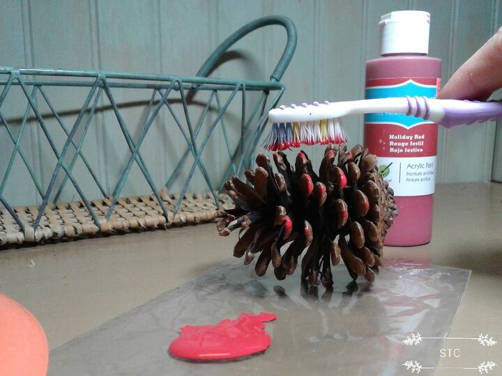 fast and easy seasonal decor with pine cones, Toothbrush Painting Cone Tips