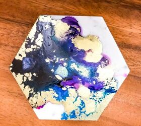 Hand painted 4 pack hexagon tile coasters using alcohol ink fire swirl design