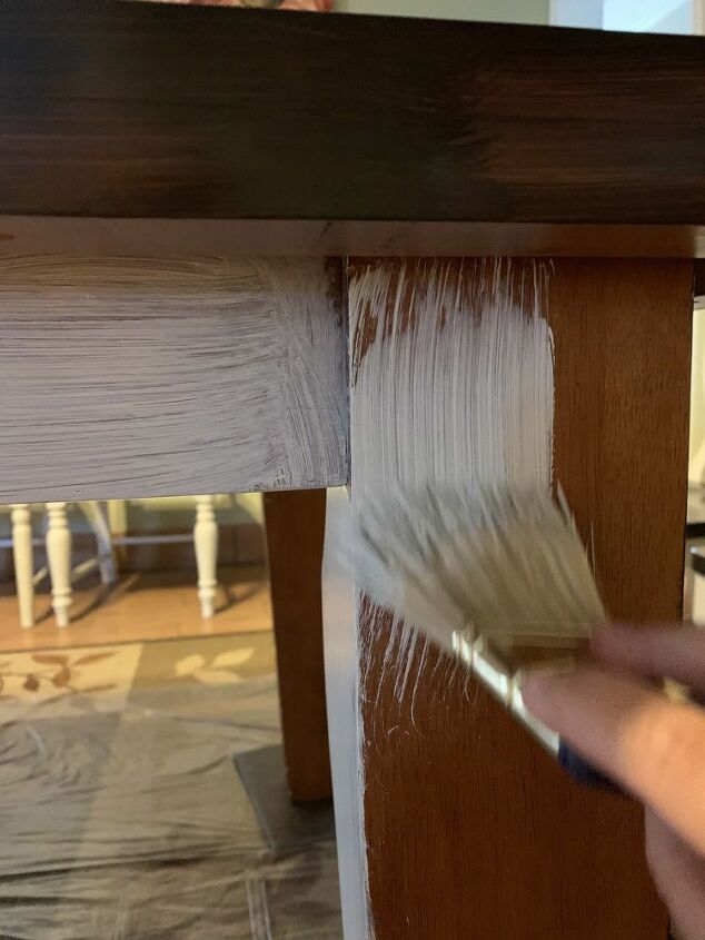 how to redo a dinning room table with gel stain, Adding first coat of paint