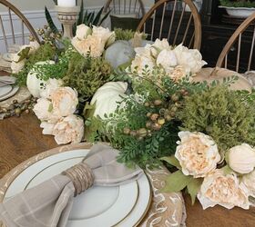 neutral fall tablescape ideas, Cabbage Roses Pumpkins Berries Green