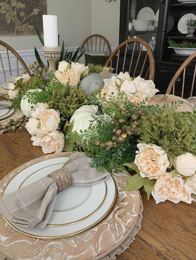 neutral fall tablescape ideas, Cabbage Roses Pumpkins Berries Green