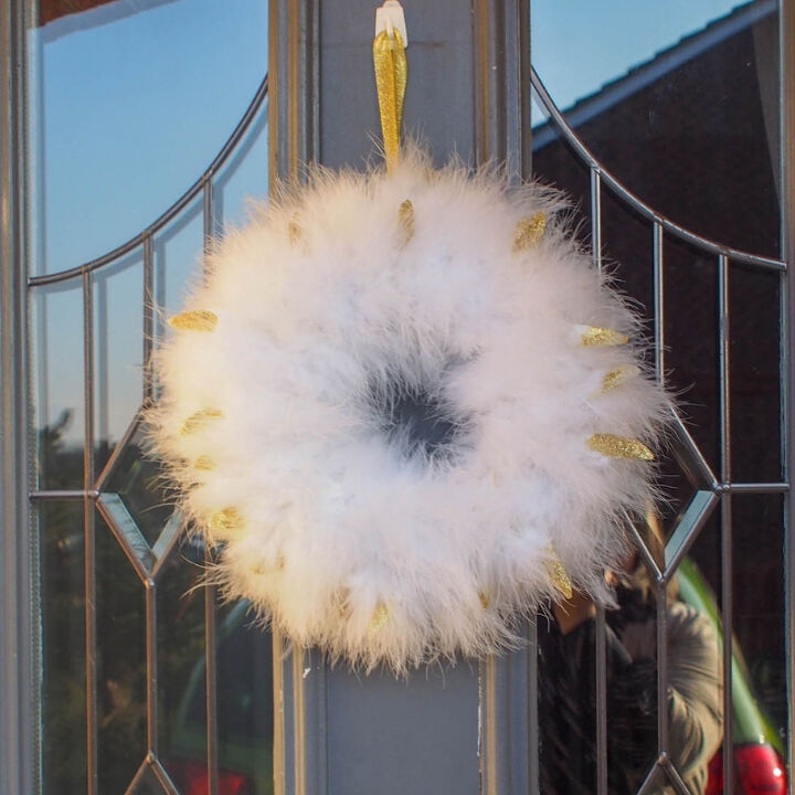 winter wreath with glittered feathers