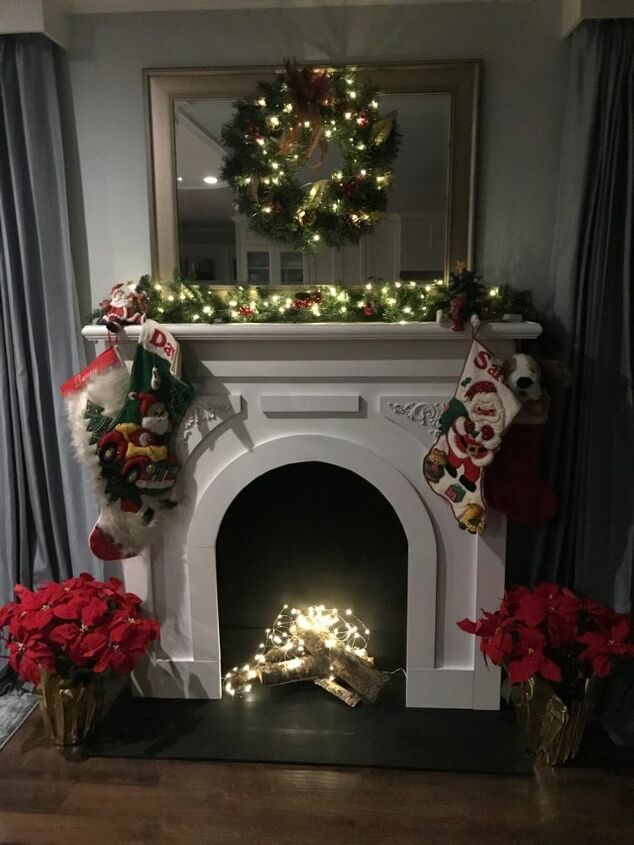 faux arched christmas fireplace, Finished fireplace at night