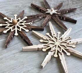 s 25 unconventional christmas ornament ideas for 2019, Simple rustic snowflake ornaments usng clothespins