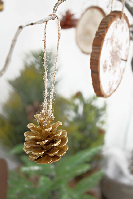 s 25 unconventional christmas ornament ideas for 2019, Pine cones wood rounds and acorns decorated with DecoArt