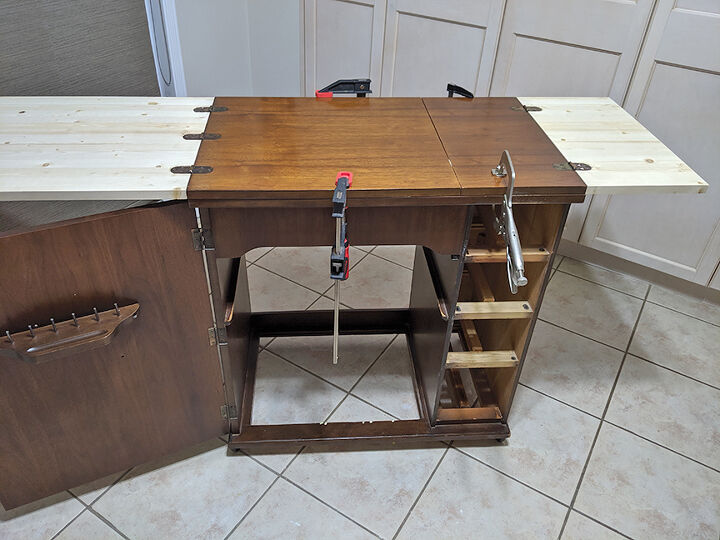 old sewing cabinet gets re purposed, Original top glued and screwed