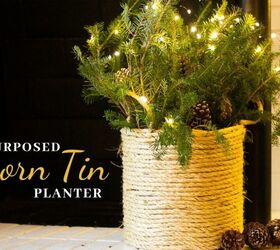 repurposed popcorn tin planter