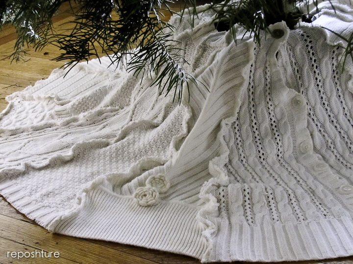 s 17 ways people are repurposing items to make christmas decor, Sweater Tree Skirt