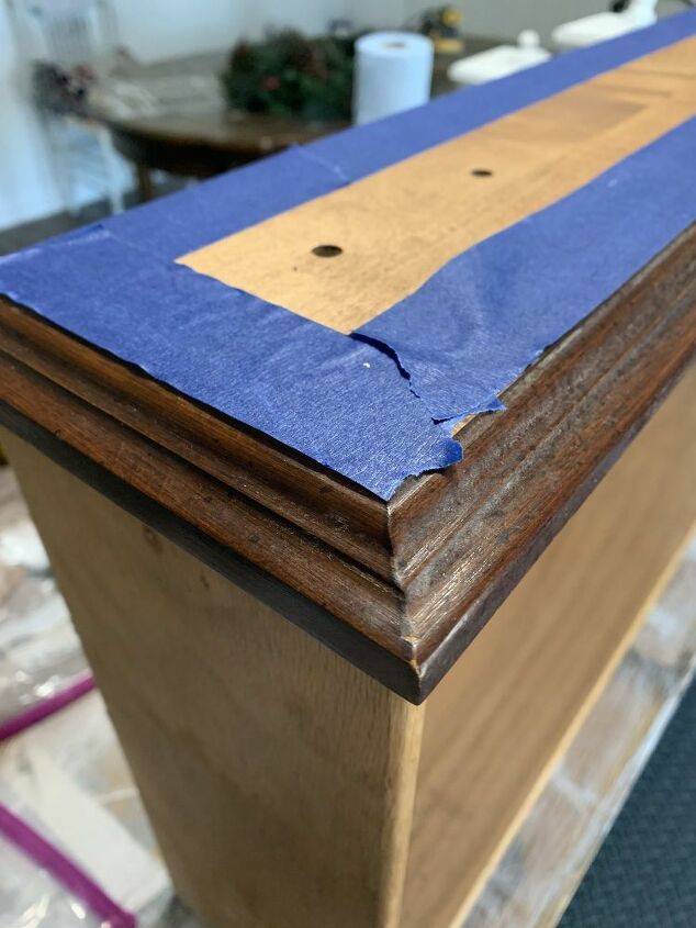 chest of drawers makeover farmhouse style, Painters Tape Protecting Where I Stained