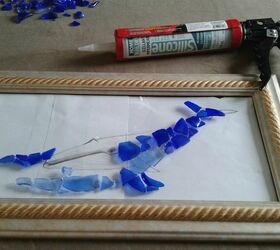 blue whale mosaic picture frame, Gluing Shards to Glass