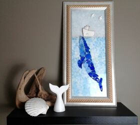 blue whale mosaic picture frame, Against a Dark Wall with Backing Added