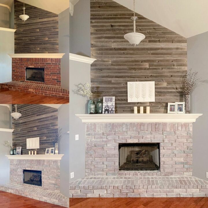 whitewashed brick fireplace