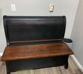 a sleigh bed repurposed into a bench, Litter box is barely visible under left side