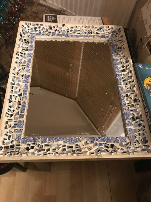 how to use up your broken china to decorate a mirror frame, Ready to grout