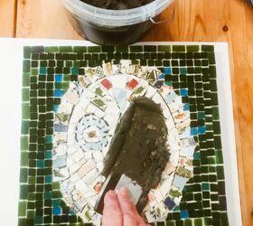 how to turn your smashed crockery into a piece of wall art, Grouting the mosaic face