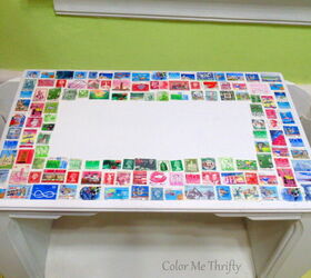 table makeover with postage stamps