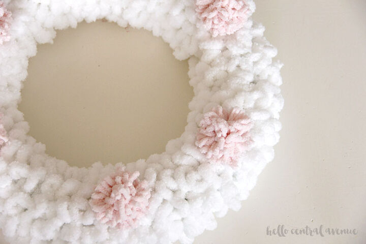 loopy yarn pom pom wreath for valentine s day