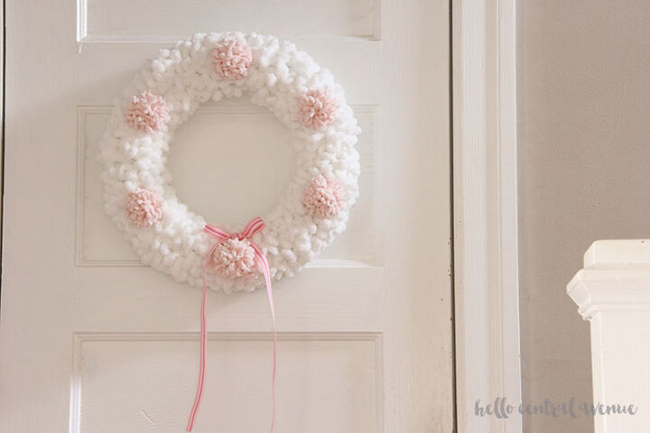 loopy yarn pom pom wreath for valentine s day