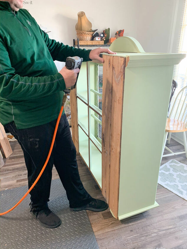 repurposed hutch top using dixie belle s farmhouse green, Adding Wood Slats to Back