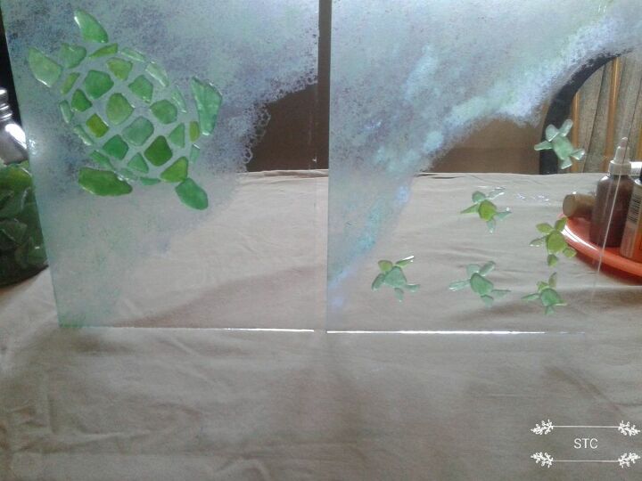 seaglass mosiacs turtle momma and babies, Background Paint Drying