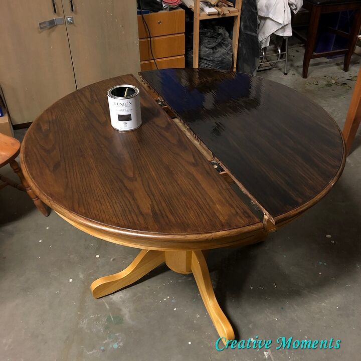 oak dining table is stained over existing finish