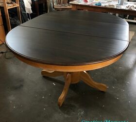 oak dining table is stained over existing finish