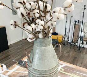 small entryway makeover, Cotton Stems and Galvanized Can Decor