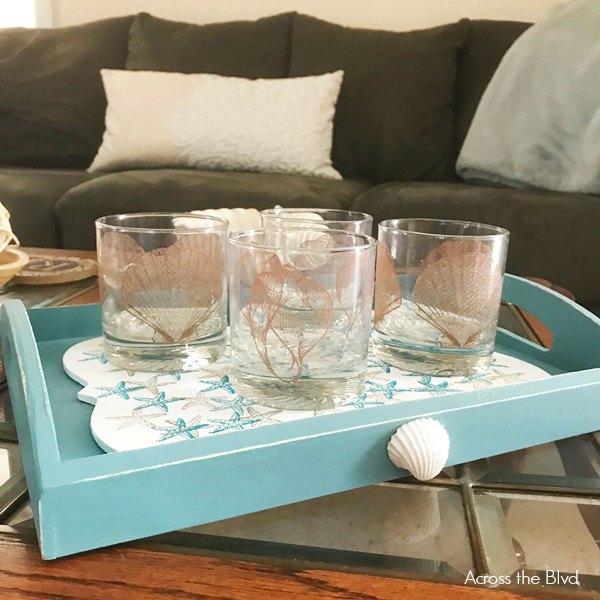 give a thrift store tray a coastal makeover